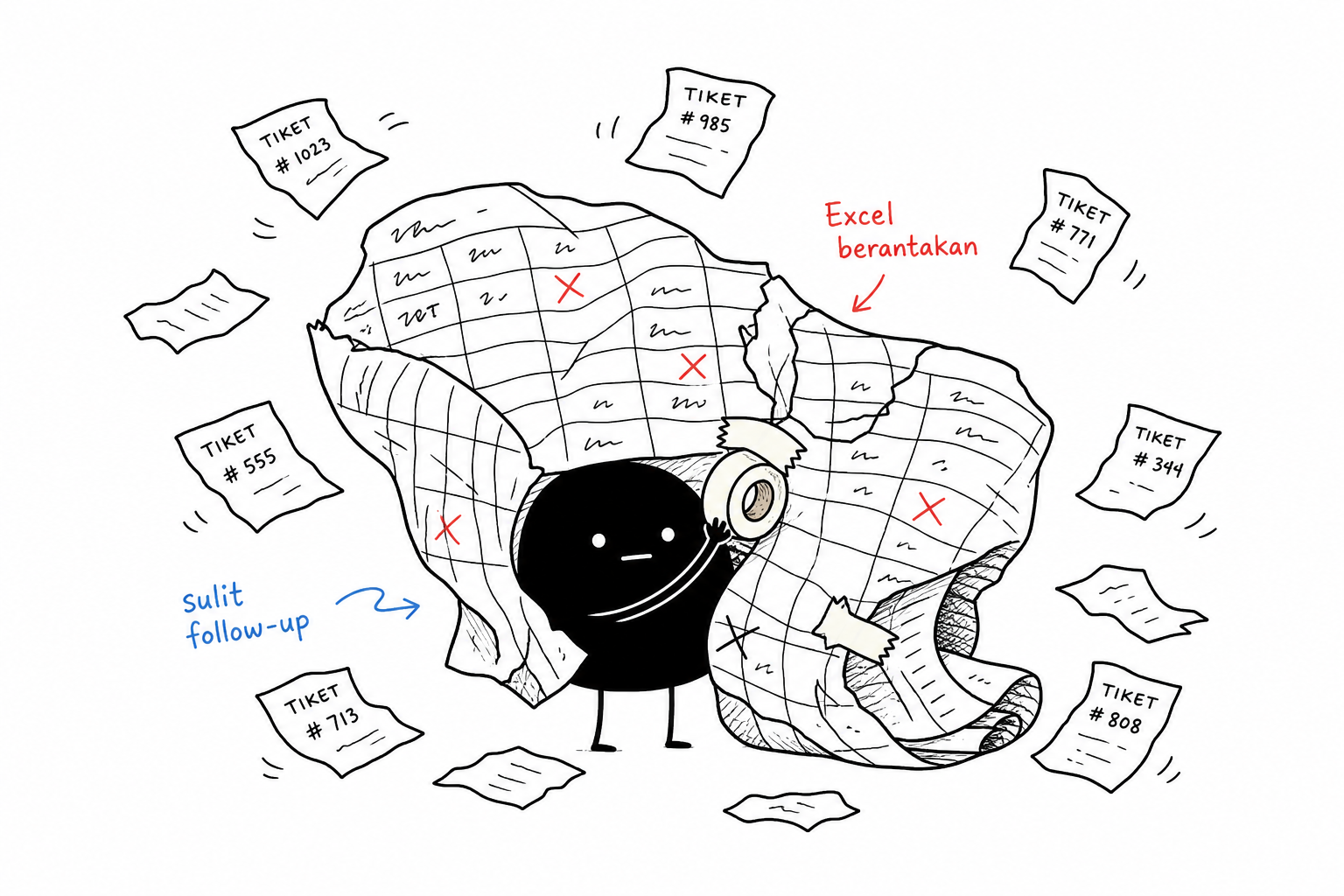 Ilustrasi tiket manual dan Excel berantakan — Xiaohei kewalahan dengan spreadsheet